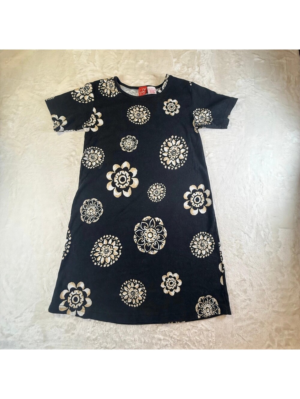 Liz Claiborne LIZ & CO Black Cream Floral Dress M Cotton Short Sleeve
